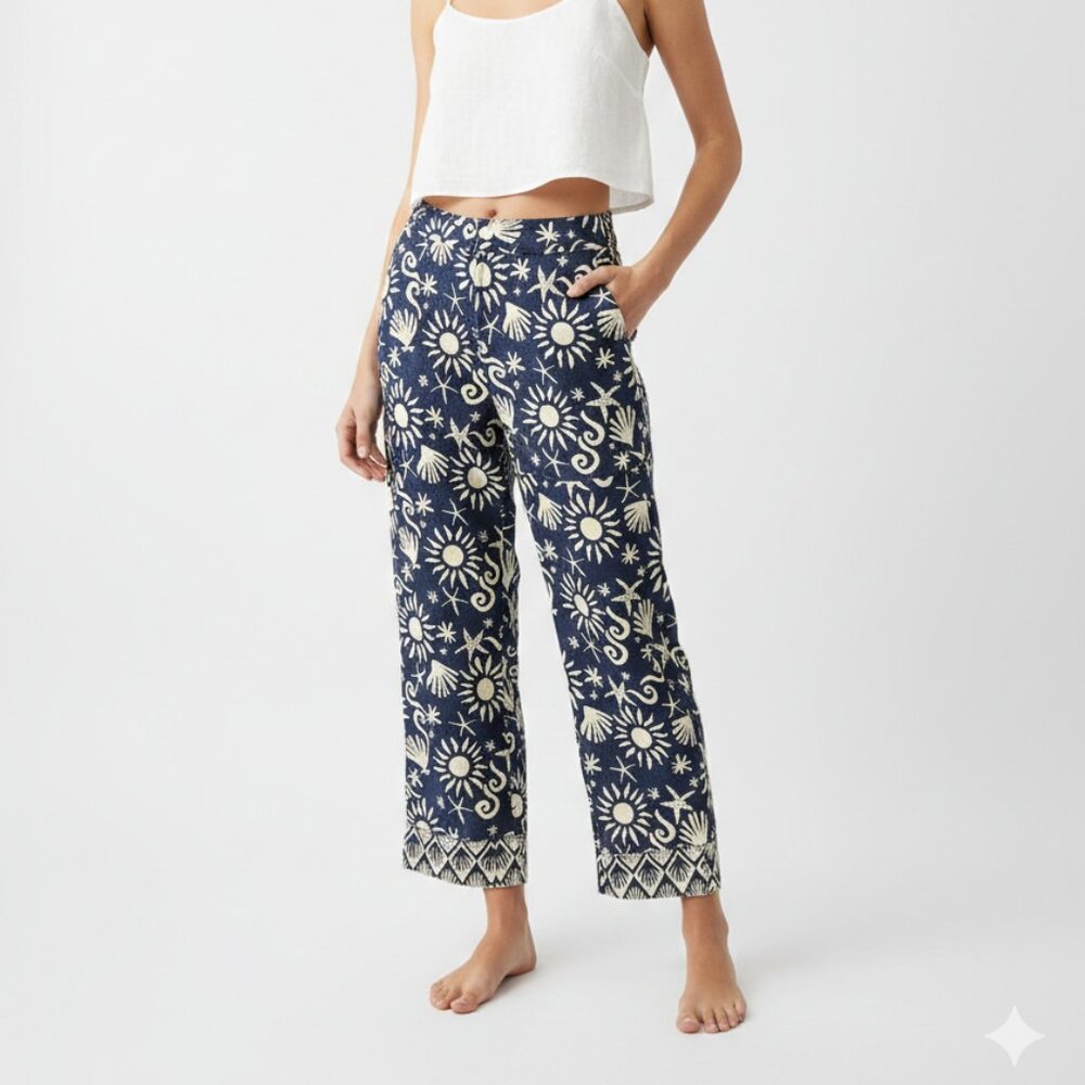 C&C California Pants Blue Sealife Linen Beach Casual Summer Festival M